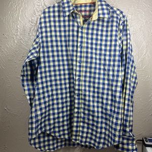 Justing Blue White Long Sleeve Tailored Fit Gingham Cotton Check Shirt Mens XL